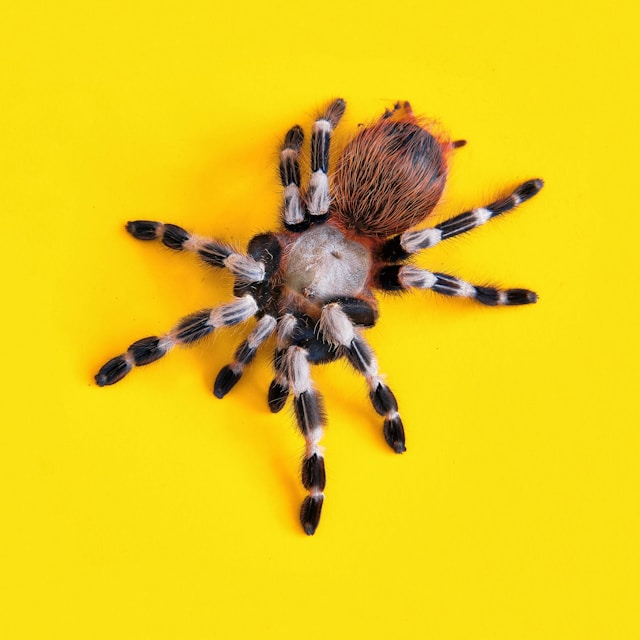 black and white tarantula on yellow wall